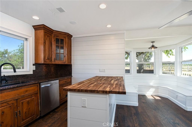 36055 Maddalena Rd, Winchester, CA 92596 - kitchen with dishwasher, a sink, wood counters, dark wood-type flooring, and brown cabinetry