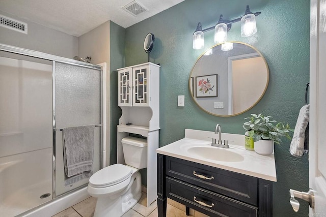 1807 Calle Sinaloa, Vista, CA 92084 - bathroom featuring tile patterned floors, vanity, toilet, a shower stall, and a textured wall