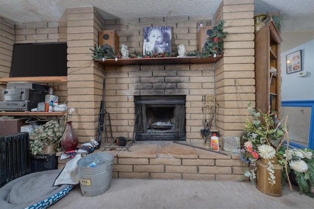 56455 Carlyle Dr, Yucca Valley, CA 92284 - unfurnished living room featuring carpet floors, a textured ceiling, and a fireplace