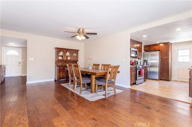 2065 Medina Ave, Simi Valley, CA 93063 - dining room featuring ceiling fan, light wood-style floors, recessed lighting, and baseboards