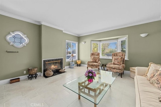 377 Roycroft Ave, Long Beach, CA 90814 - living area with crown molding, a fireplace, and baseboards