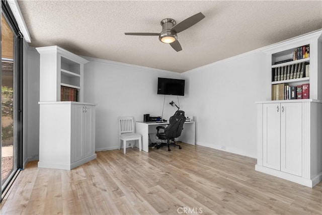171 Yale Dr, Rancho Mirage, CA 92270 - home office featuring a ceiling fan, a textured ceiling, light wood-type flooring, and ornamental molding