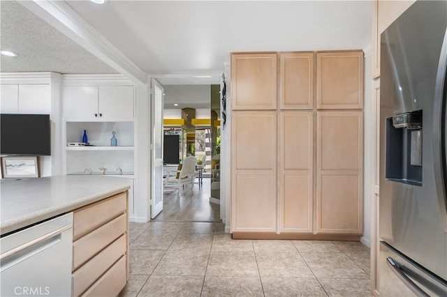 171 Yale Dr, Rancho Mirage, CA 92270 - kitchen featuring stainless steel fridge, light brown cabinets, light countertops, white dishwasher, and light tile patterned floors