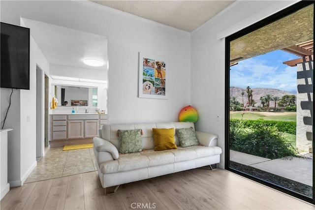 171 Yale Dr, Rancho Mirage, CA 92270 - living room featuring crown molding, a mountain view, and light wood-style floors