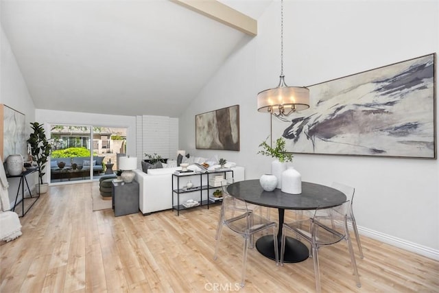 4 Dogwood N, Irvine, CA 92612 - dining room with light wood-style flooring, high vaulted ceiling, beamed ceiling, a chandelier, and baseboards
