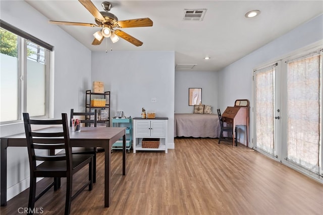 2619 S Castle Harbour Ave, Ontario, CA 91761 - dining room with wood finished floors, recessed lighting, a ceiling fan, and attic access
