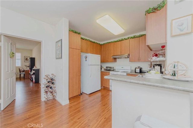 735 Francesca Dr, Walnut, CA 91789 - kitchen with white appliances, under cabinet range hood, a peninsula, light countertops, and light wood-style flooring