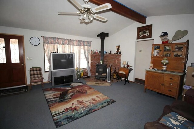 13853 Charlann Rd, Valley Center, CA 92082 - living room with a wood stove, ceiling fan, and carpet