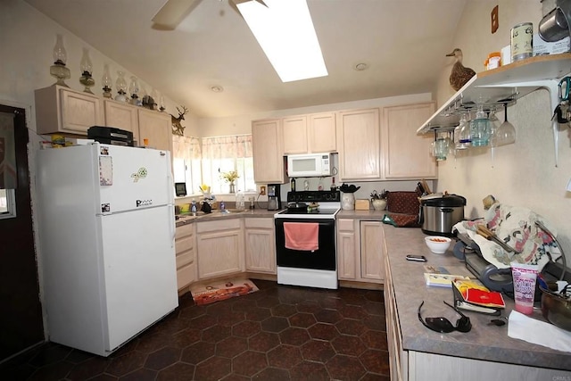 13853 Charlann Rd, Valley Center, CA 92082 - kitchen with white appliances, light brown cabinets, a skylight, and ceiling fan