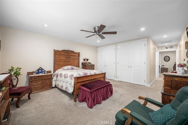 5323 Fidler Ave, Lakewood, CA 90712 - bedroom featuring multiple closets, carpet, recessed lighting, attic access, and a ceiling fan