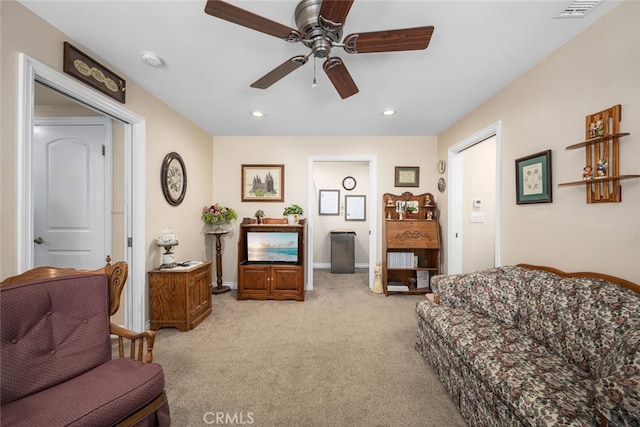 5323 Fidler Ave, Lakewood, CA 90712 - living area featuring ceiling fan, light carpet, recessed lighting, and baseboards