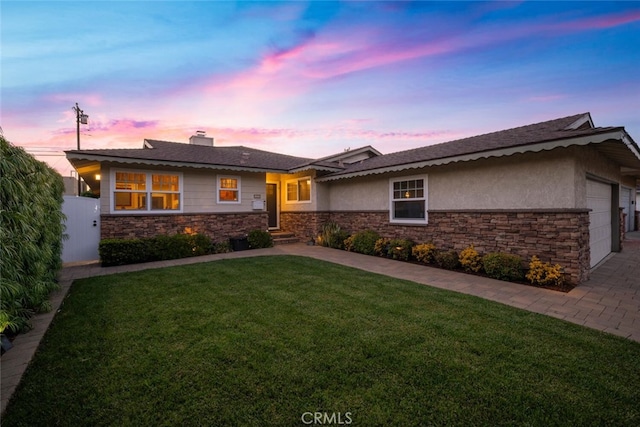 5323 Fidler Ave, Lakewood, CA 90712 - ranch-style house featuring stone siding, stucco siding, a garage, and a chimney