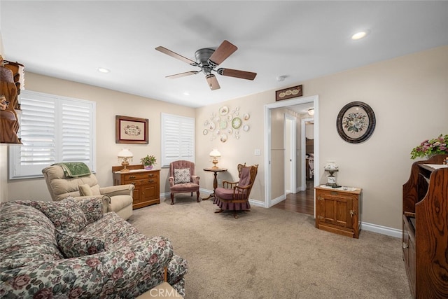 5323 Fidler Ave, Lakewood, CA 90712 - living room featuring ceiling fan, light carpet, baseboards, and recessed lighting