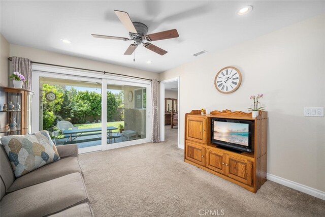 5323 Fidler Ave, Lakewood, CA 90712 - living room with light carpet, baseboards, a ceiling fan, and recessed lighting