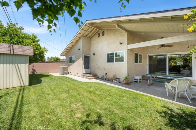 5323 Fidler Ave, Lakewood, CA 90712 - rear view of property with stucco siding, central air condition unit, ceiling fan, and a patio