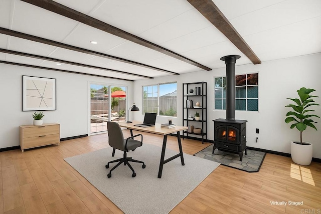 6443 Mount Ackerman Dr, San Diego, CA 92111 - office with beam ceiling, baseboards, light wood finished floors, a wood stove, and recessed lighting