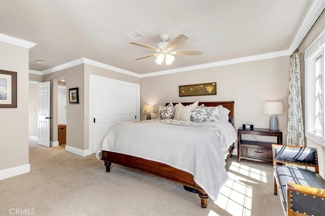 33976 Cape Cv, Dana Point, CA 92629 - bedroom with light carpet, crown molding, baseboards, a closet, and ceiling fan