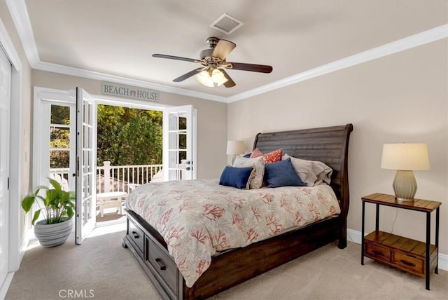 33976 Cape Cv, Dana Point, CA 92629 - bedroom with light carpet, access to exterior, ornamental molding, ceiling fan, and french doors
