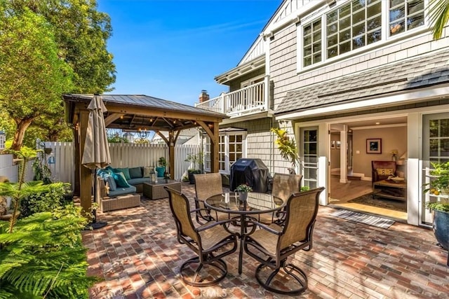 33976 Cape Cv, Dana Point, CA 92629 - view of patio / terrace featuring a gazebo, an outdoor living space, a balcony, area for grilling, and outdoor dining area