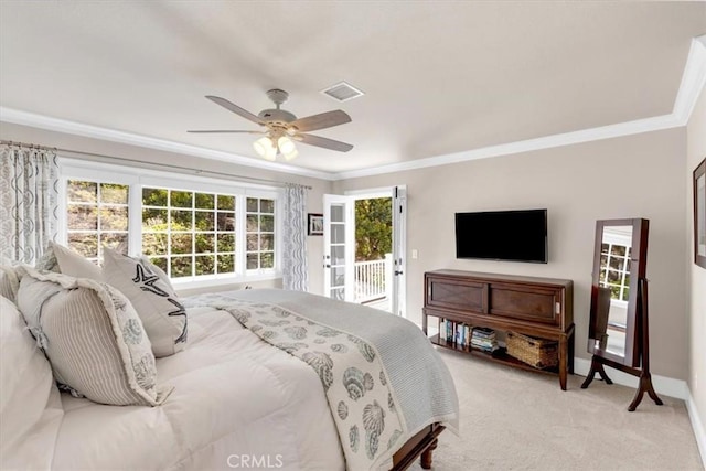 33976 Cape Cv, Dana Point, CA 92629 - bedroom with ornamental molding, access to outside, light colored carpet, baseboards, and a ceiling fan