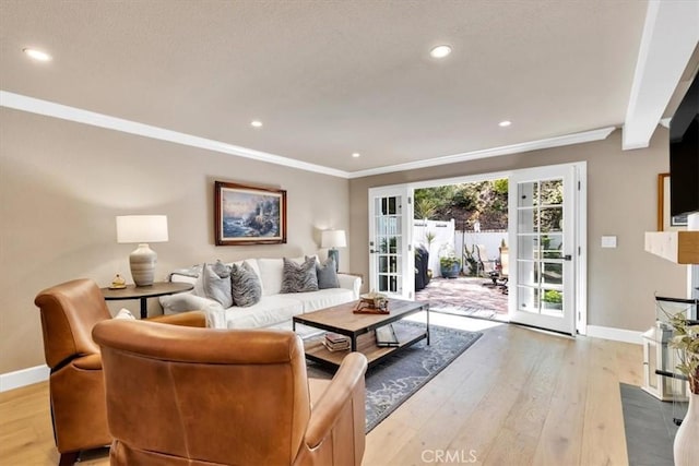 33976 Cape Cv, Dana Point, CA 92629 - living room featuring baseboards, light wood finished floors, ornamental molding, and recessed lighting