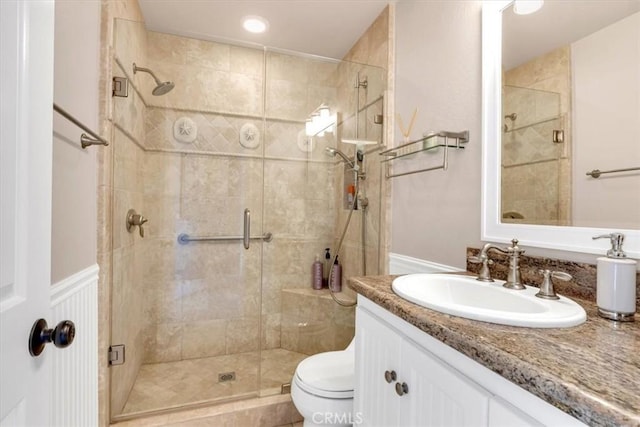 33976 Cape Cv, Dana Point, CA 92629 - bathroom with vanity, toilet, and a stall shower