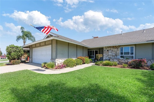 557 S Gardner Dr, Orange, CA 92866 - ranch-style home featuring stone siding, a front yard, an attached garage, driveway, and roof with shingles