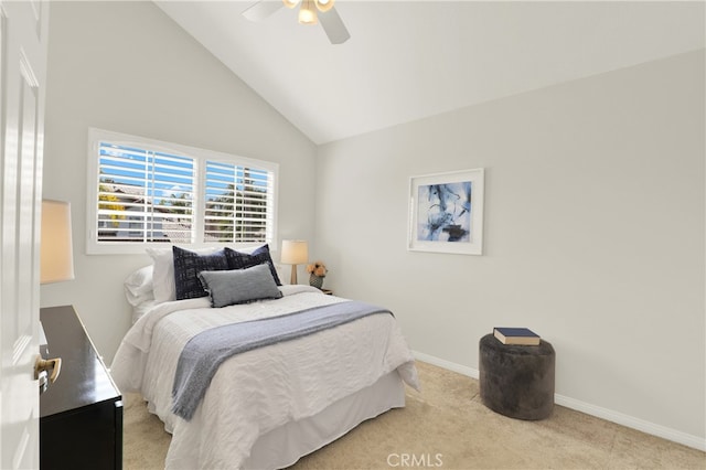 4 Westgate, Laguna Niguel, CA 92677 - bedroom with light carpet, baseboards, high vaulted ceiling, and a ceiling fan