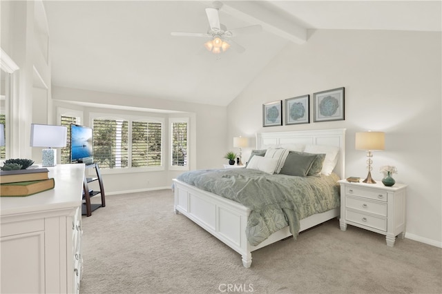 4 Westgate, Laguna Niguel, CA 92677 - bedroom with beamed ceiling, light carpet, baseboards, ceiling fan, and high vaulted ceiling