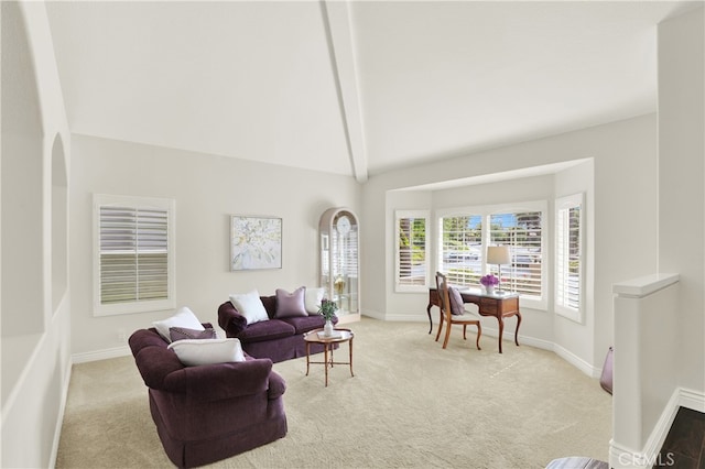 4 Westgate, Laguna Niguel, CA 92677 - carpeted living room featuring beamed ceiling, baseboards, and high vaulted ceiling