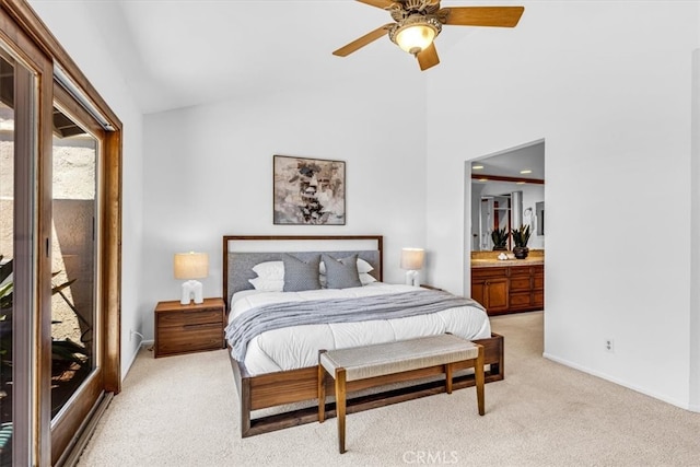 24155 Vis D Onde, Dana Point, CA 92629 - bedroom featuring light colored carpet, baseboards, ensuite bath, high vaulted ceiling, and ceiling fan