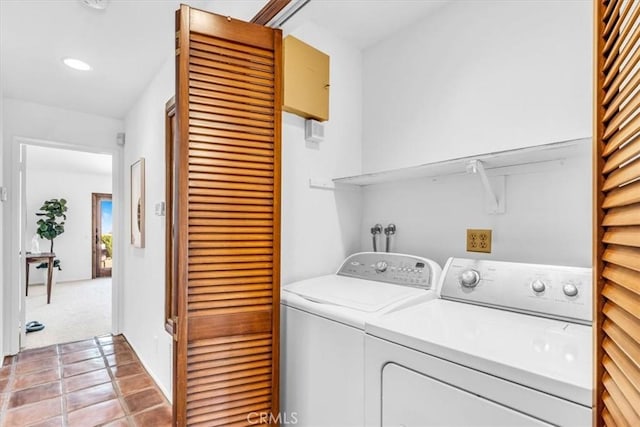 24155 Vis D Onde, Dana Point, CA 92629 - washroom featuring washer and clothes dryer, light carpet, recessed lighting, and light tile patterned flooring