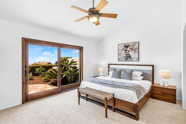 24155 Vis D Onde, Dana Point, CA 92629 - bedroom featuring access to outside, light carpet, vaulted ceiling, baseboards, and ceiling fan