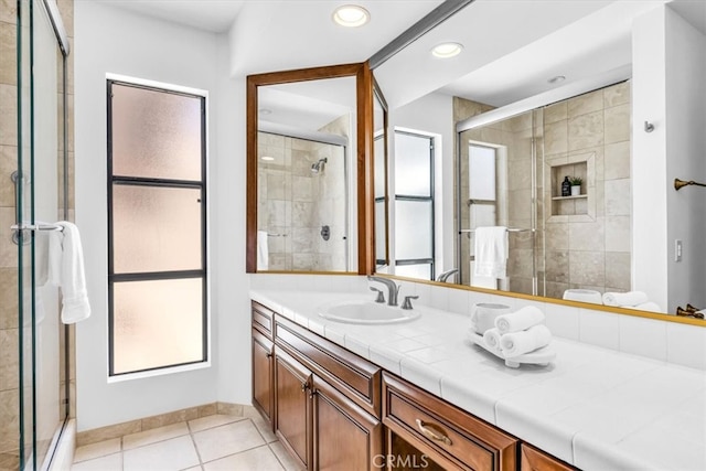 24155 Vis D Onde, Dana Point, CA 92629 - full bathroom with vanity, tile patterned flooring, a shower stall, recessed lighting, and baseboards