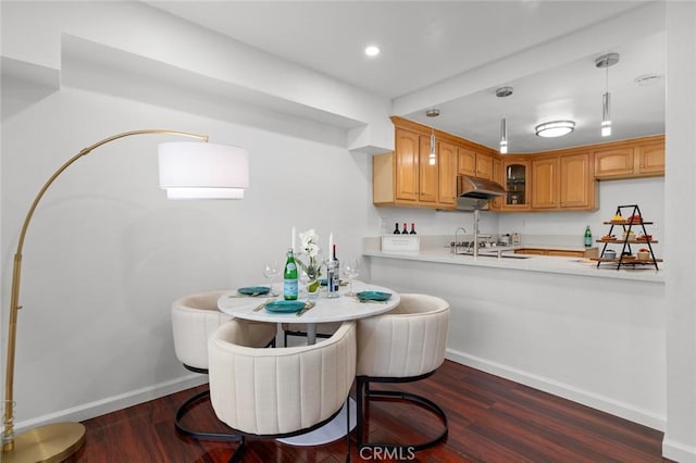 4906 W 5th St Unit C, Santa Ana, CA 92703 - kitchen featuring under cabinet range hood, glass insert cabinets, dark wood-style floors, baseboards, and recessed lighting