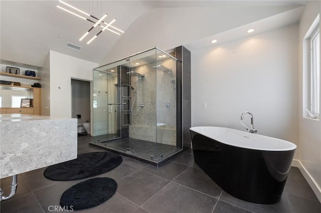 10372 Crawford Canyon Rd, North Tustin, CA 92705 - full bathroom with vaulted ceiling, a freestanding bath, a shower stall, tile patterned floors, and recessed lighting