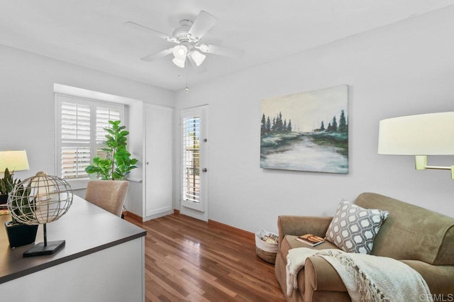 4719 Constance Dr, San Diego, CA 92115 - home office featuring wood finished floors, a ceiling fan, and baseboards