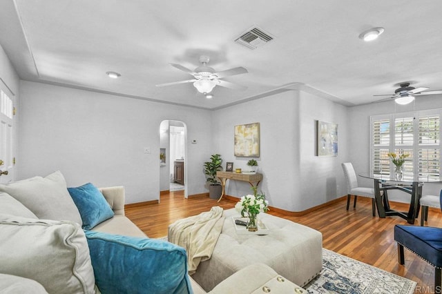4719 Constance Dr, San Diego, CA 92115 - living room featuring ceiling fan, arched walkways, baseboards, and recessed lighting