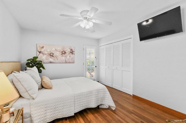 4719 Constance Dr, San Diego, CA 92115 - bedroom featuring wood finished floors, a ceiling fan, a closet, and baseboards