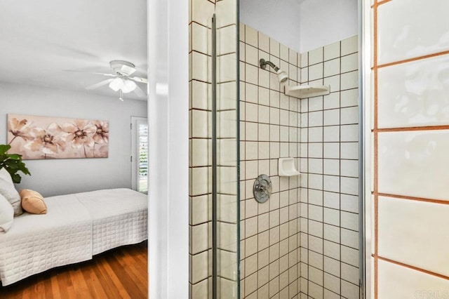 4719 Constance Dr, San Diego, CA 92115 - ensuite bathroom featuring a shower stall, wood finished floors, and ceiling fan