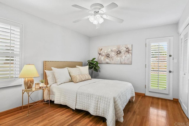 4719 Constance Dr, San Diego, CA 92115 - bedroom featuring wood finished floors, a closet, a ceiling fan, and baseboards