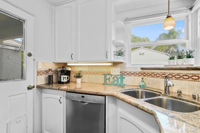 4719 Constance Dr, San Diego, CA 92115 - kitchen with stainless steel dishwasher, a sink, white cabinets, backsplash, and hanging light fixtures