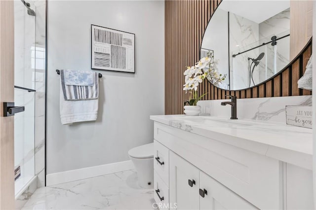 4947 Heleo Ave, Temple City, CA 91780 - bathroom featuring baseboards, marble finish floors, toilet, vanity, and a marble finish shower
