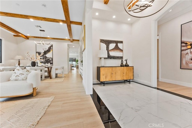 4947 Heleo Ave, Temple City, CA 91780 - corridor featuring recessed lighting, baseboards, marble finish floors, beam ceiling, and a chandelier