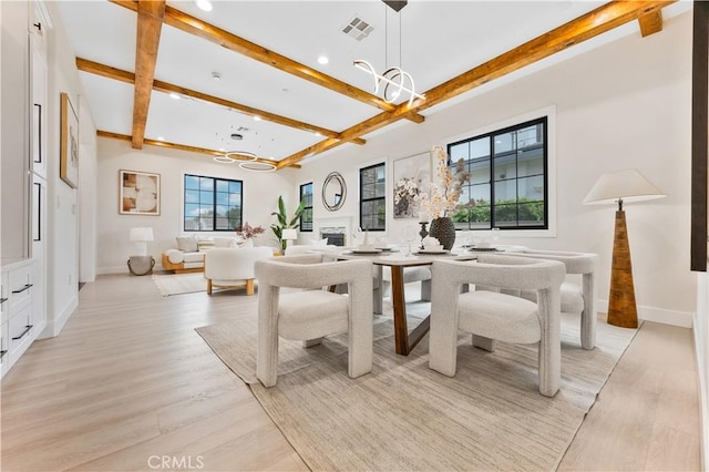 4947 Heleo Ave, Temple City, CA 91780 - dining room with a chandelier, beamed ceiling, recessed lighting, light wood-type flooring, and baseboards