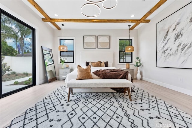 4947 Heleo Ave, Temple City, CA 91780 - bedroom featuring multiple windows, wood finished floors, beamed ceiling, baseboards, and access to outside