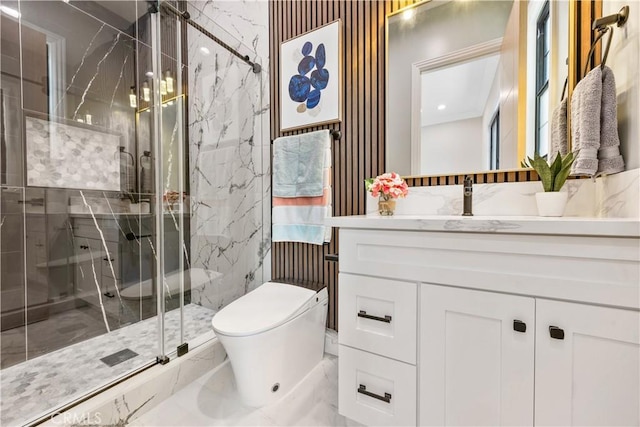 4947 Heleo Ave, Temple City, CA 91780 - full bathroom with vanity, toilet, a marble finish shower, and marble finish floors