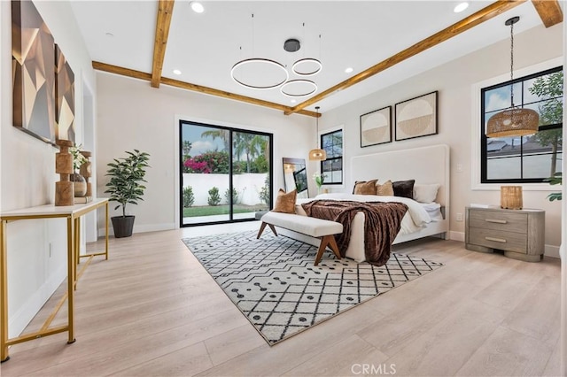 4947 Heleo Ave, Temple City, CA 91780 - bedroom featuring access to outside, light wood finished floors, a chandelier, baseboards, and recessed lighting
