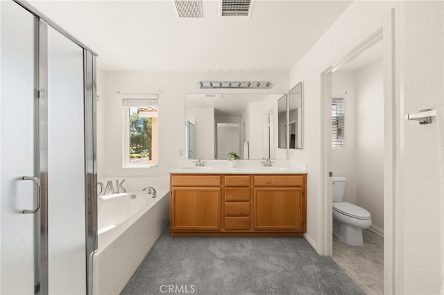 1634 Rigel St, Beaumont, CA 92223 - bathroom with a shower stall, double vanity, a garden tub, and toilet