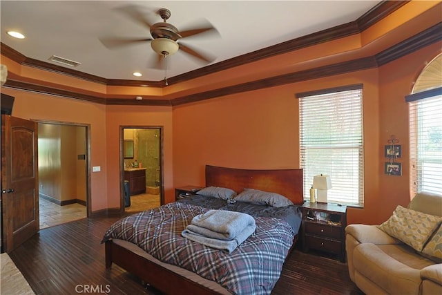 22331 Walnut St, Wildomar, CA 92595 - bedroom featuring crown molding, hardwood / wood-style flooring, a raised ceiling, recessed lighting, and baseboards